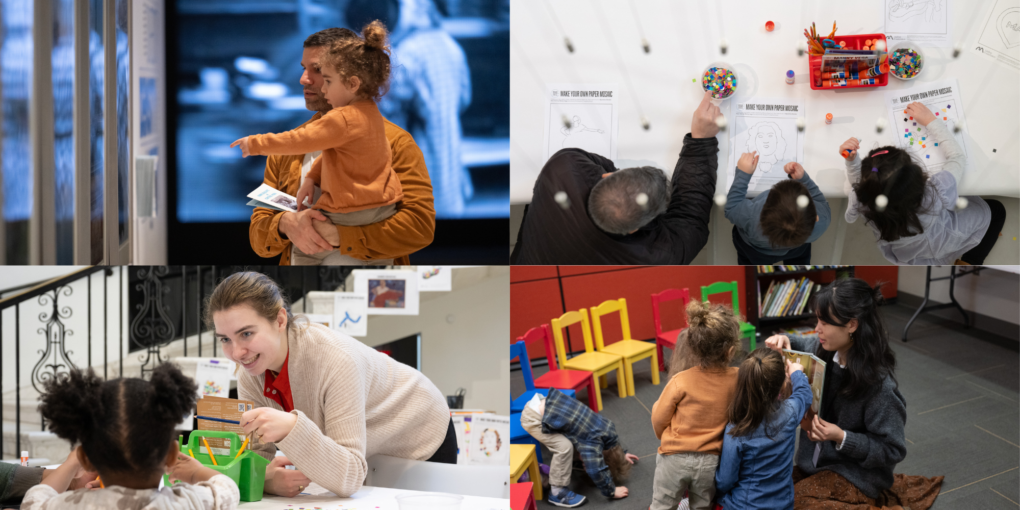 Photo collage: [Bottom Right] A man holds a toddler as they look at paintings. [Bottom Left] A woman smiles at a small child making art. Top Right] A man and two small children draw at a table. [Bottom Right] An adult reads a book to a group of toddlers. [